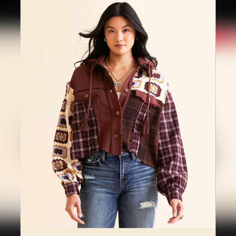 Miss Me Burgundy and Cream Patchwork Jacket